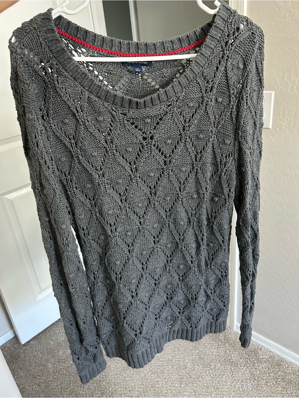 Tommy Hilfiger Charcoal Gray Open-Knit Crewneck Sweater